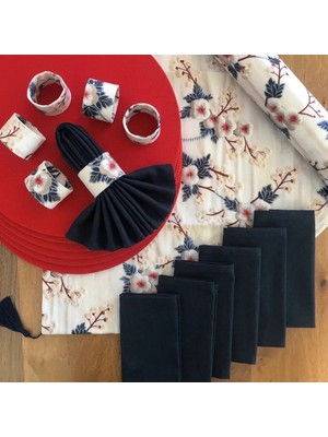 Desenİzmir Amerikan Servis Sakura Desen Takım 6 Supla, 6 Kumaş Peçete, 6 Peçete Halkası ve Runner Örtü
