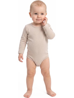 Bebegen Unisex Yuvarlak Yaka Bej Düz Çıtçıtlı Body Zıbın
