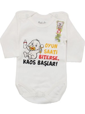 Bebegen Unisex Beyaz Oyun Saati Biterse Kaos Başlar Baskılı Uzun Kollu Zıbın