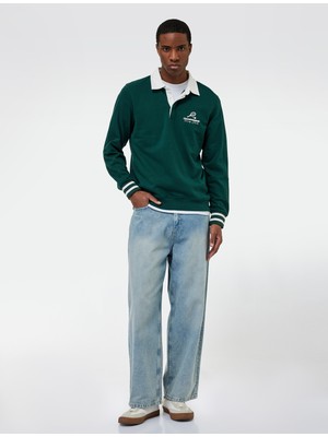 Koton Regular Fit Şardonlu Renk Kontrastlı Çizgili Polo Yaka Baskılı Sweatshirt