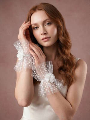 Elegance Scarf Kısa Puantiyeli Tül Gelin Bilek Manşeti Çiçek Detaylı Nikah Düğün Abiye Bileklik Beyaz