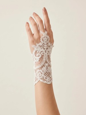 Elegance Scarf Dantel Parmaksız Gelin Eldiveni Çiçekli Nikah Gelinlik Düğün Abiye Bileklik Eldiven Beyaz