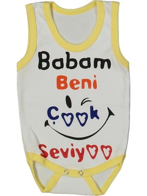 Bebegen Unısex Beyaz Sarı Biyeli Babam Beni Seviyor Yazılı Askılı Zıbın
