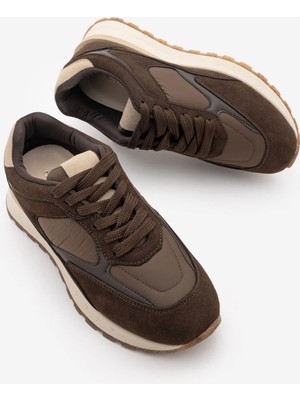 Marjin Kadın Süet Detaylı Bağcıklı Kalın Taban Günlük Sneaker Spor Ayakkabı Arvon Kahve Süet