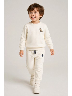 Rony Pony Kids Erkek Çocuk Krem Dinozor Nakışlı Pamuklu 2 Iplik Sweatshirt ve Lastik Paçalı Eşofman Takımı