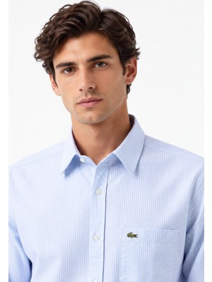 Lacoste Men's Regular Fit Shirt Organik Pamuk Çizgili Erkek Gömlek Açık Mavi