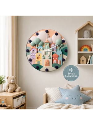 🕒 Masal Şehri⭐ Sessiz Çocuk Duvar Saati 🎈 Mdf Dekoratif Çocuk Odası Saati 33CM