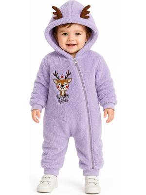 Chicsy Baby Tatlı Geyik Nakışlı Welsoft Peluş Kapüşonlu Fermuarlı Kışlık Unisex Bebek Tulumu