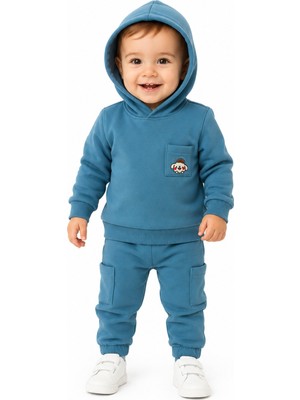 Chicsy Baby Erkek Bebek Kapüşonlu Jogger Eşofman Takımı Cepli 2\'li Kışlık Pamuklu Bebek Takımı
