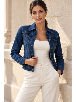Quhox Kadın Koyu Mavi Yıkamalı Slim Fit Kısa Denim Ceket