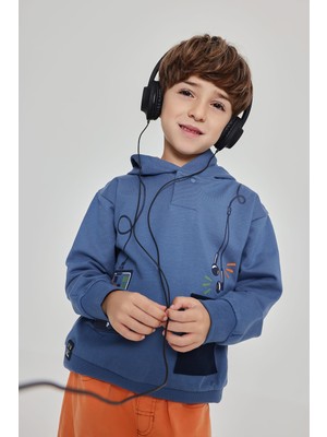 Boboli Telefon Baskılı Kapüşonlu Sweatshirt 2 Yaş-6 Yaş Mavi