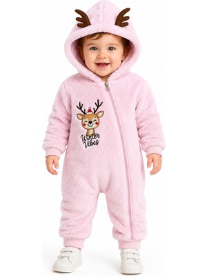 Chicsy Baby Tatlı Geyik Nakışlı Welsoft Peluş Kapüşonlu Fermuarlı Kışlık Unisex Bebek Tulumu