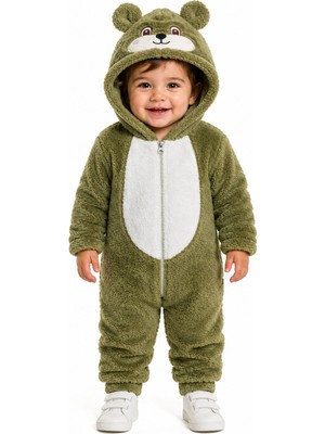Chicsy Baby Tatlı Ayıcık Desenli Welsoft Peluş Kapüşonlu Fermuarlı Kışlık Unisex Bebek Tulumu