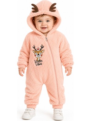 Chicsy Baby Tatlı Geyik Nakışlı Welsoft Peluş Kapüşonlu Fermuarlı Kışlık Unisex Bebek Tulumu