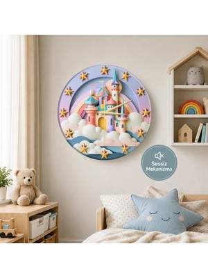 🕒 Masal Şatosu⭐ Sessiz Çocuk Duvar Saati 🎈 Mdf Dekoratif Çocuk Odası Saati 33CM