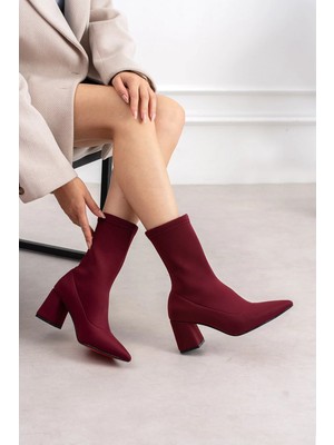 Dabab Shoes Rachel Kadın Bordo Sivri Burun Dalgıç Streç 7 cm Kalın Topuklu Çorap Bot Bootie
