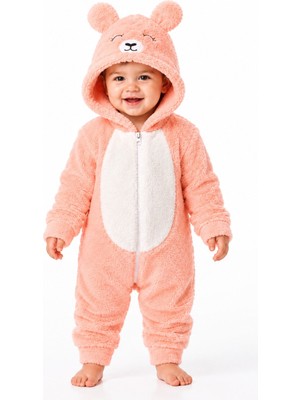 Chicsy Baby Kız Erkek Bebek Welsoft Peluş Tulum Kapüşonlu Fermuarlı Kışlık Bebek Tulumu Ayıcık Desenli Yumuşak Polar Tulum