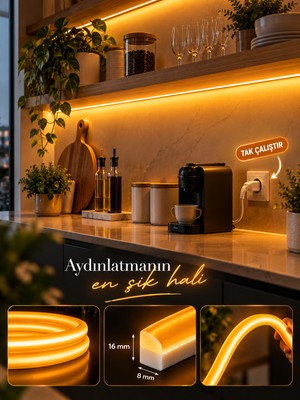 Borsan 15 Metre Amber Neon LED 220V Tak Çalıştır IP65 Esnek Hortum LED Ultra Parlak Iç Dış Mekan Tavan Balkon Teras Dekoratif Aydınlatma