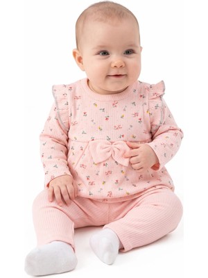 Bebegen Kız Bebek Somon Renkli Minik Çiçek Desenli Fırfırlı Pijama Takımı