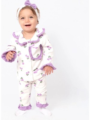 Bebegen Kız Çocuk Ekru Mor Lale Desenli Fırfırlı Bandanalı Pijama Takımı