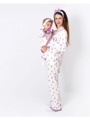 Bebegen Kadın Anne Ekru Mor Lale Desenli Fırfırlı Bandanalı Pijama Takımı