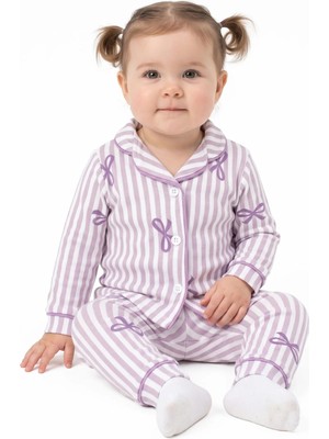 Bebegen Kız Bebek Beyaz Lila Fiyonklu Çizgili Pijama Takımı