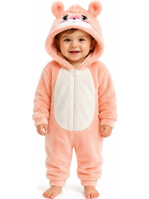 Chicsy Baby Tatlı Ayıcık Desenli Welsoft Peluş Kapüşonlu Fermuarlı Kışlık Unisex Bebek Tulumu