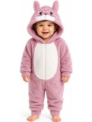 Chicsy Baby Tatlı Ayıcık Desenli Welsoft Peluş Kapüşonlu Fermuarlı Kışlık Unisex Bebek Tulumu