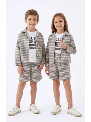 Bebegen Unisex Ekru Siyah Ekoseli Gömlekli Şortlu 3'lü Takım