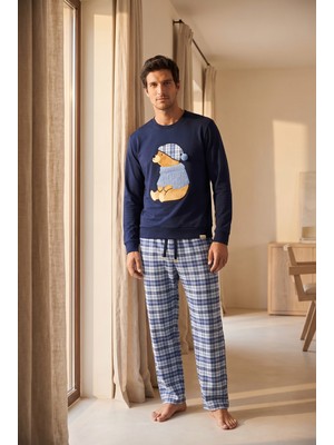 Katia & Bony Erkek Blue Harmony Teddy Desenli Ekoseli Lacivert Pijama Takımı