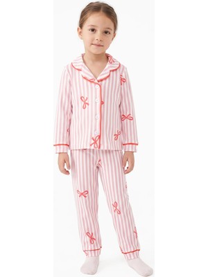 Bebegen Kız Bebek Beyaz Pudra Fiyonklu Çizgili Pijama Takımı