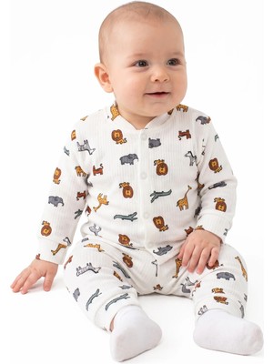 Bebegen Erkek Bebek Ekru Renkli Hayvanlar Alemi Baskılı Çıtçıtlı Pijama Takımı