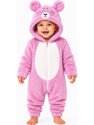 Chicsy Baby Kız Erkek Bebek Welsoft Peluş Tulum Kapüşonlu Fermuarlı Kışlık Bebek Tulumu Ayıcık Desenli Yumuşak Polar Tulum