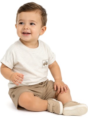 Bebegen Erkek Bebek Soft Yeşil Araba Armalı Bej Şortlu 2'li Takım