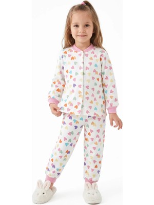 Bebegen Kız Çocuk Ekru Pembe Renkli Kalpli Desenli Çıtçıtlı Pijama Takımı
