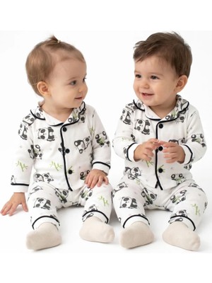 Bebegen Unisex Ekru Siyah Panda Desenli Kruvaze Yaka Pijama Takımı