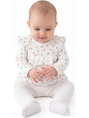 Bebegen Kız Bebek Ekru Renkli Minik Çiçek Desenli Fırfırlı Pijama Takımı