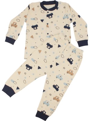 Bebegen Erkek Çocuk Ekru Laci Arabalı Desenli Çıtçıtlı Pijama Takımı