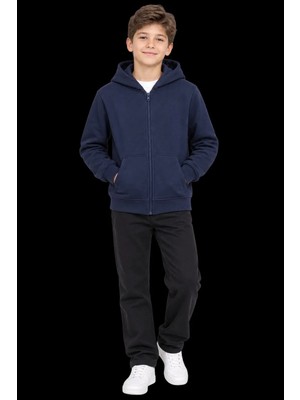 Queen Kids M4013 Çocuk Kapşonlu Fermuarlu Ceket Lacivert