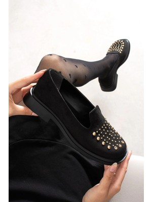 Dabab Shoes Monıca Kadın Siyah Süet Taşlı Zımbalı Yuvarlak Burun 2 cm Kalın Taban Loafer Ayakkabı