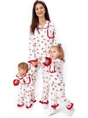 Bebegen Kadın Anne Ekru Kırmızı Lale Desenli Fırfırlı Bandanalı Pijama Takımı