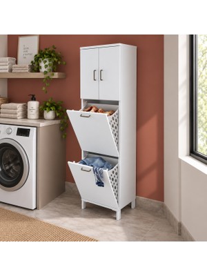 Rani Mobilya Rani KC121 Banyo Dolabı Düşer Kapaklı Raflı Çamaşır Sepeti Bölmeli Çok Amaçlı Dolap Beyaz