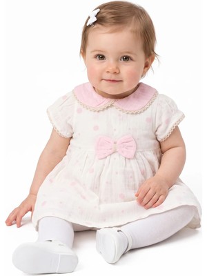 Bebegen Kız Bebek Ekru Pembe Fistolu Bebe Yaka Puanlı Elbise