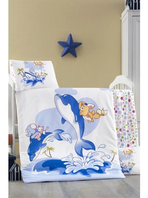 Bebegen Unisex Ekru Mavi Balık Desenli Nevresim Takımı