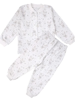 Bebegen Kız Çocuk Ekru Tavşan Desenli Çıtçıtlı Pijama Takımı