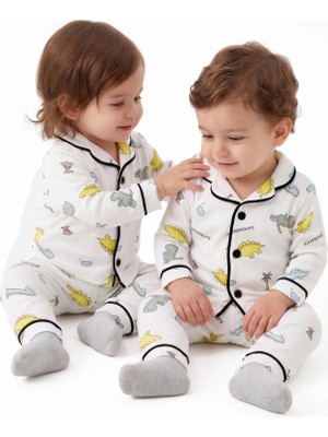 Bebegen Unisex Ekru Renkli Dinazor Desenli Kruvaze Yaka Pijama Takımı