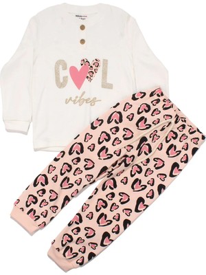Bebegen Kız Çocuk Ekru Pembe Cool Kalp Baskılı 2'li Pijama Takımı
