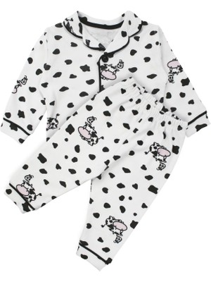 Bebegen Unisex Ekru Siyah Inek Desenli Kruvaze Yaka Pijama Takımı