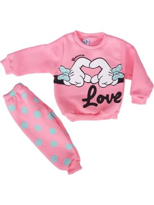 Bebegen Kız Çocuk Pembe Love El Baskılı Puanlı Polar 2'li Takım