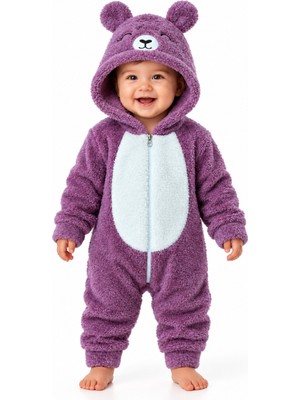 Chicsy Baby Kız Erkek Bebek Welsoft Peluş Tulum Kapüşonlu Fermuarlı Kışlık Bebek Tulumu Ayıcık Desenli Yumuşak Polar Tulum